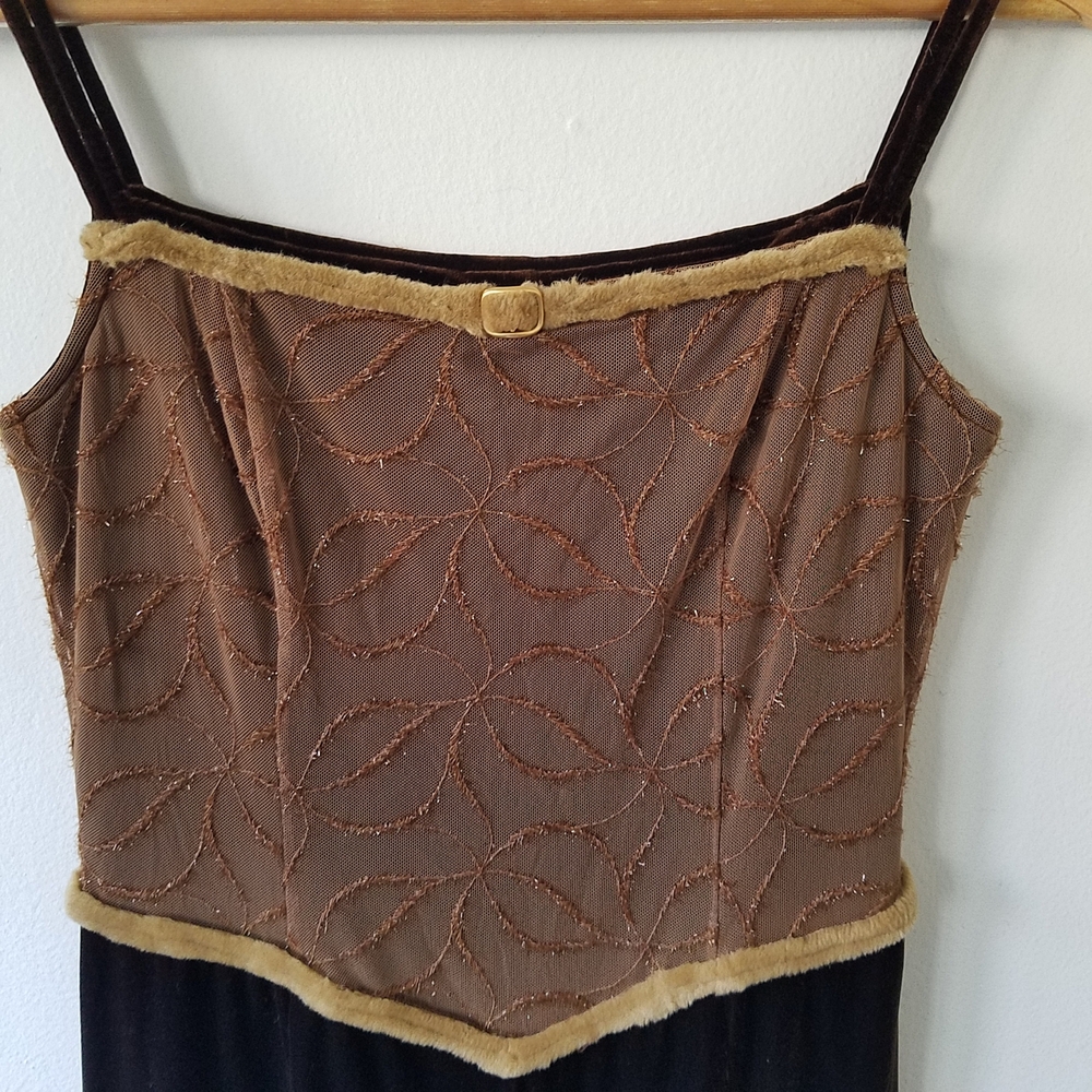Vtg Y2K Velvet Mesh Square Neck Grunge Whimsigoth Midi Brown Dress - Picture 11 of 16
